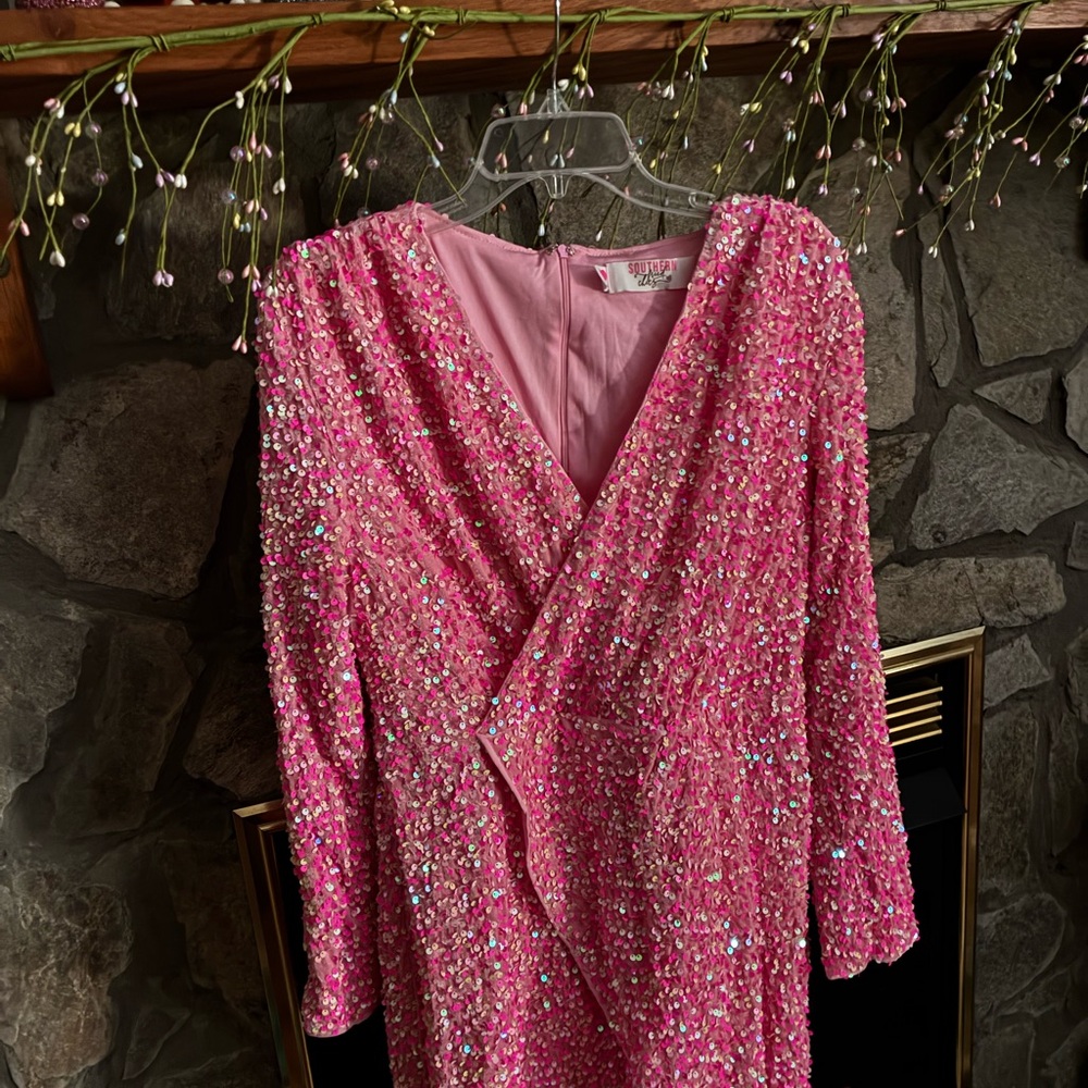 Pink Sequin Long-Sleeve Wrap Dress